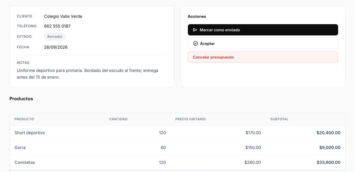 Presupuesto con productos, cantidades, precios unitarios y total